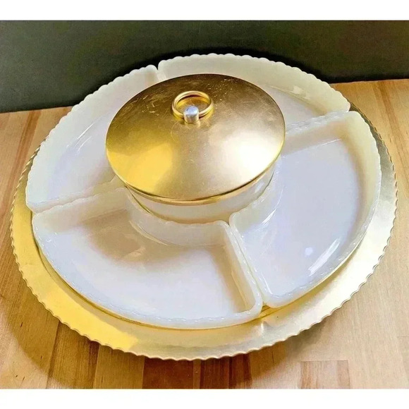 Vintage Heller Deluxe Coloramic Lazy Susan Gold Milk Glass Complete 11Pieces MCM - Picture 1 of 16